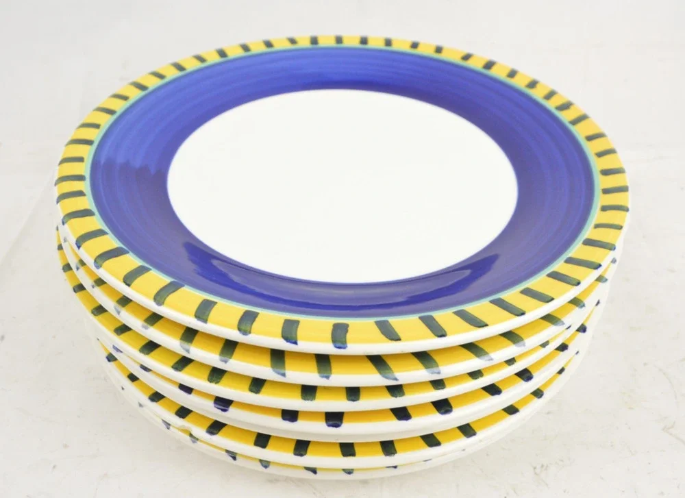 Pier 1 Italy Hand Painted Dinner Plates Set x7 Cobal Blue Yellow Striped 9 5/8